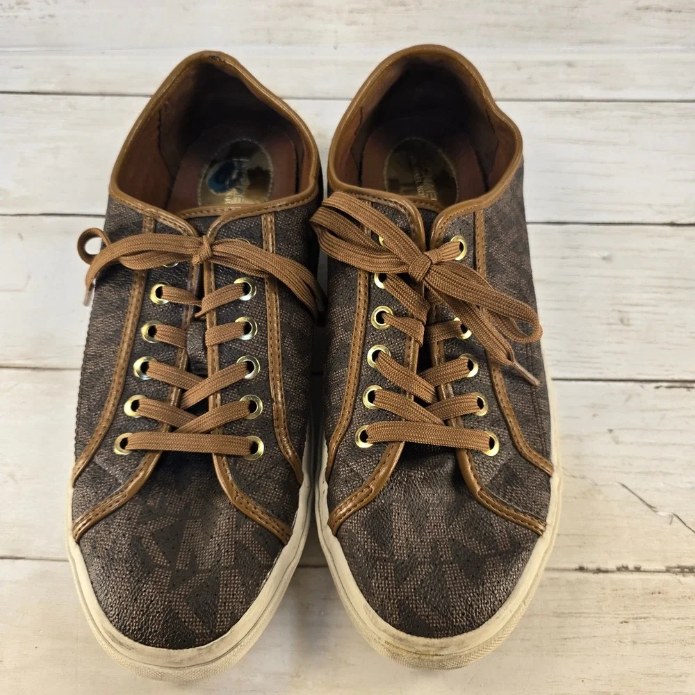 Michael Kors Brown Signature Logo Print Low Top Sneakers Shoes Womens Size‎ 8